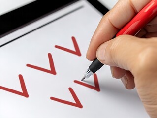 Boost Your Productivity: A Close-Up of Task Completion on a Digital Tablet with Stylus - Perfect Poster for Inspiring Workspaces or Modern Interiors!