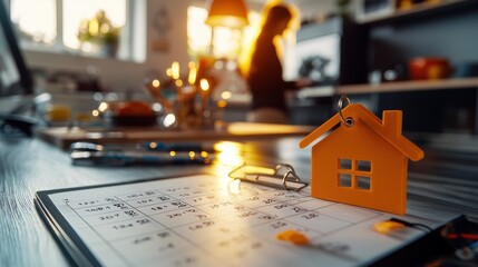 Efficient Time Management at Home - Woman Organizing Schedule with Highlighted Calendar on Kitchen Countertop