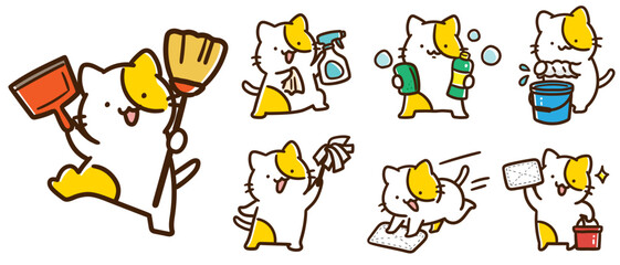 いろいろな方法で掃除をするかわいいねこのキャラクターのデフォルメイラストセット