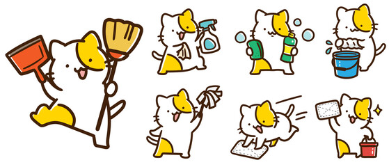 いろいろな方法で掃除をするかわいいねこのキャラクターのデフォルメイラストセット