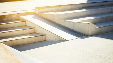 A skateboarding park with concrete ramps and stairs, outdoor setting in the afternoon sun, Urban style