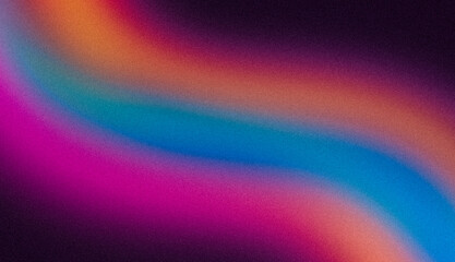 Abstract glowing dark magenta purple orange blue color wave grainy gradient texture backdrop design, color flow on dark, noise texture, cover, website header, copy space.