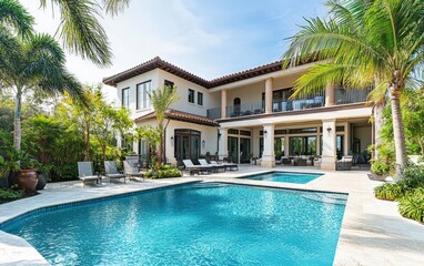 Fototapeta premium Tropical villa on a bright sunny day, surrounded by palm trees and a sparkling pool, under a clear blue sky. 