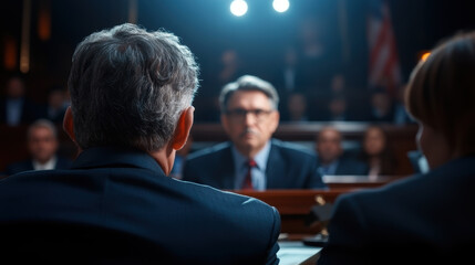 courtroom scene featuring witness on stand, with focused audience in background. atmosphere is tense and serious, highlighting importance of testimony being given