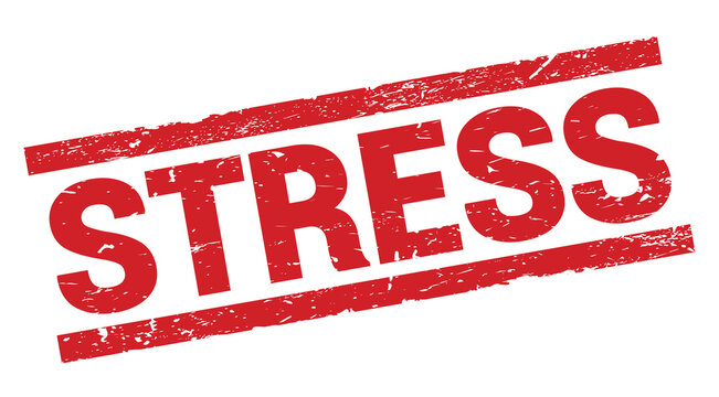 STRESS text on red rectangle stamp sign.