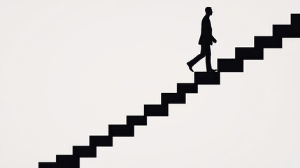 A silhouette of a man walking up black stairs against a plain background, symbolizing progress and elevation.