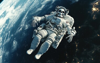 Fototapeta premium A skeleton in a full astronaut suit, floating weightlessly in space with the Earth visible in the background. The skeleton is holding onto the space station, giving a quirky 