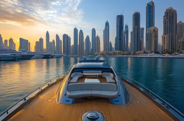 Obraz premium Luxury yacht at sunset with stunning Dubai skyline in the background