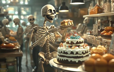 Fototapeta premium Skeleton Pastry Chef at a Bakery. A skeleton with proud eyes, placing a beautifully decorated cake on display in a busy bakery.