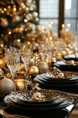 Elegant dining table set for a festive celebration with golden decorations and cozy lighting