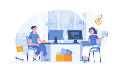 Developers team. Optimization, development, testing app. Programmers creates software. Vector illustration with characters in flat design for web banner. © vectorhot