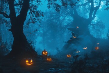 Obraz premium halloween night scene with pumpkins