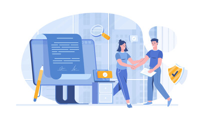 Online electronic agreement and digital signature. Business people signed an electronic contract. Vector illustration with characters in flat design for web banner.