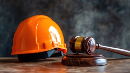 An orange construction helmet beside a wooden gavel symbolizes law and industry.
