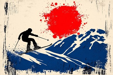 Vintage Style Skiing Silhouette with Sun and Mountains