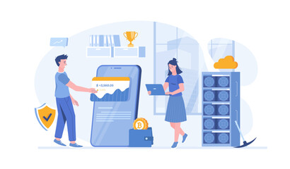 Cryptocurrency technology. Digital money investment, crypto coin mining, marketplace. Vector illustration with characters in flat design for web banner.