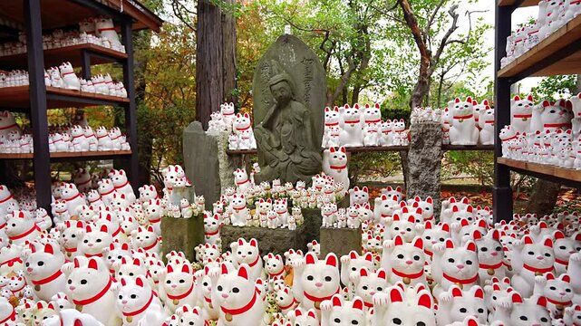 Autumn of Gotokuji Temple Shofukuden with Kannon statue and many beckoning cats