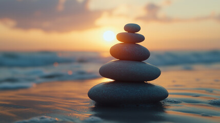 Zen rocks on a beach with waves washing up