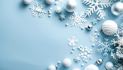 Fototapeta premium Beautiful snowflakes and decorative balls on light blue background, flat lay. Space for text