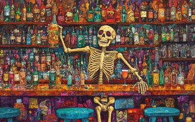 Skeleton Bartender at a Busy Bar. A skeleton with cheerful eyes, shaking a cocktail mixer behind a bar full of colorful bottles.