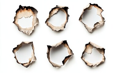 Collection of burnt holes in piece of paper isolated on white background 