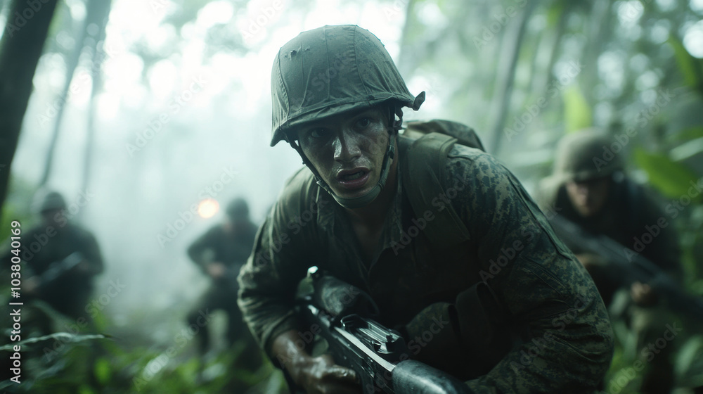 Wall mural Soldiers advancing through a dense forest under heavy fire