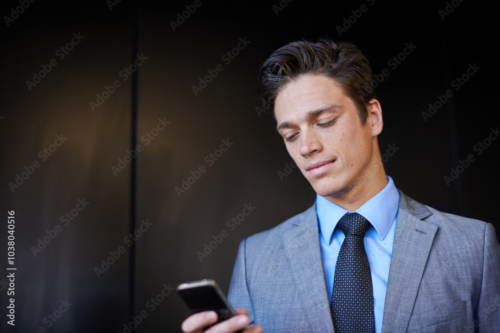 Poster business, man and texting with smartphone at office on internet, email notification and message as l