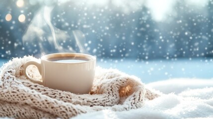 A warm cup of coffee resting on a cozy scarf amidst falling snowflakes.