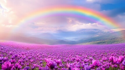 Panoramic view of purple meadow merging with rose rainbow