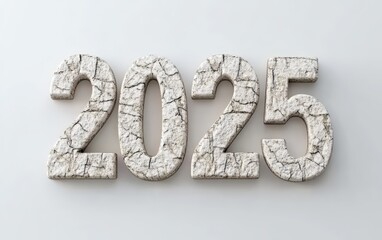 3D text "2025" with stone texture realistic modern design, soft lighting, white background 