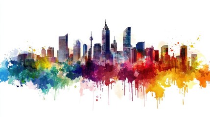 Fototapeta premium A colorful watercolor skyline illustration showcasing a vibrant cityscape.