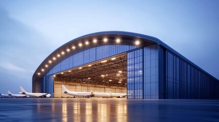 A massive aviation hangar with wide, open doors, large enough to house a commercial airplane. 