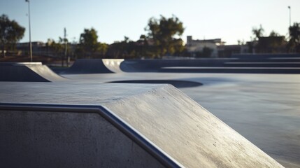 A skatepark with concrete ramps, outdoor setting with urban backdrop, Urban style
