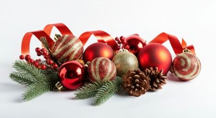 Christmas Decorations with Pine Cones and Red Ribbon