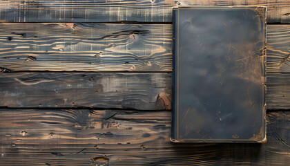 One photo album on wooden table, top view