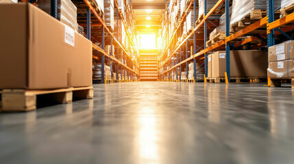 Fototapeta premium A bright warehouse interior filled with stacked boxes on pallets, illuminated by sunlight entering from the far end, creating a warm and inviting atmosphere.