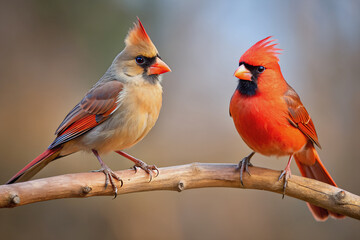 A pair of Northern Cardinals perched on a branch showcasing vibrant red and subdued plumage details. Generative AI