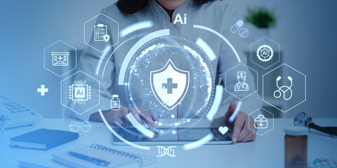 Healthcare professional interacting with AI technology in a mode