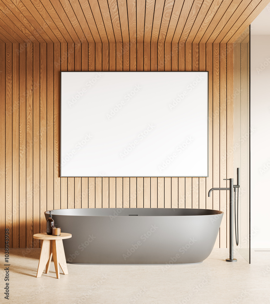 Wall mural Wooden home bathroom interior with tub and mock up frame on wall