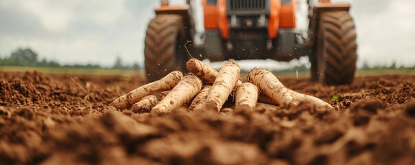 Fototapeta premium Harvesting fresh parsnips a close-up view of root vegetables being gathered by modern farming equipment in a fertile field