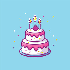 Two-Tier Birthday Cake with Three Candles Cartoon Vector Icon Illustration.