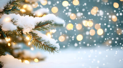 close up of snow covered Christmas tree branch adorned with warm lights, creating magical winter atmosphere. soft snowfall adds to festive charm