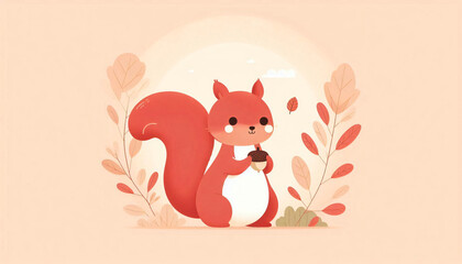 A sweet flat illustration of a cute red squirrel with a fluffy tail, grasping an acorn, set against a serene pastel peach background with minimal autumn leaves