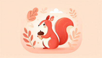 A whimsical flat illustration of a cute red squirrel with a fluffy tail, holding an acorn, accented by sparse autumn leaves on a gentle pastel pink background