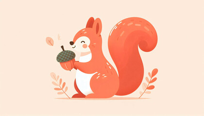 Obraz premium A sweet flat illustration of a cute red squirrel with a fluffy tail, grasping an acorn, set against a serene pastel peach background with minimal autumn leaves