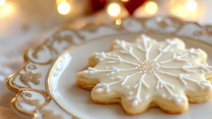 Fototapeta premium beautifully decorated snowflake shaped Christmas cookie sits elegantly on decorative plate, surrounded by soft, warm lights that create festive atmosphere