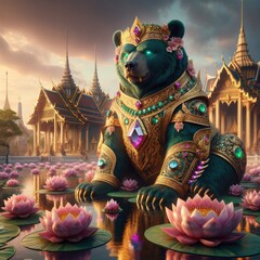 Fototapeta premium Majestic Mythical Bear: A Sacred Guardian Adorned with Ornate Armor and Emerald Jewels, Standing in a Lotus Pond Amidst Traditional Thai Temples at Sunset in a Mystical Landscape