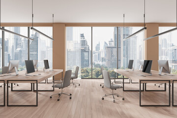 Modern Office Interior with City View and Workstations. 3D Rendering