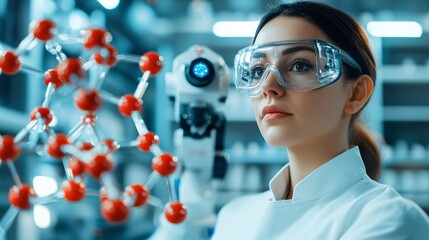 Exploring the intersection of science and technology a pioneering female scientist in a lab setting with molecular models and advanced equipment