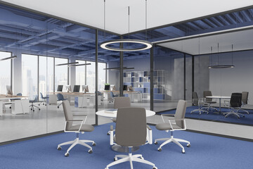 Modern office space with meeting room and workstations. 3D Rendering